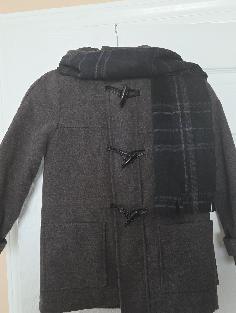 Rothschild Brown Toggle Pea Coat with Black Plaid Scarf